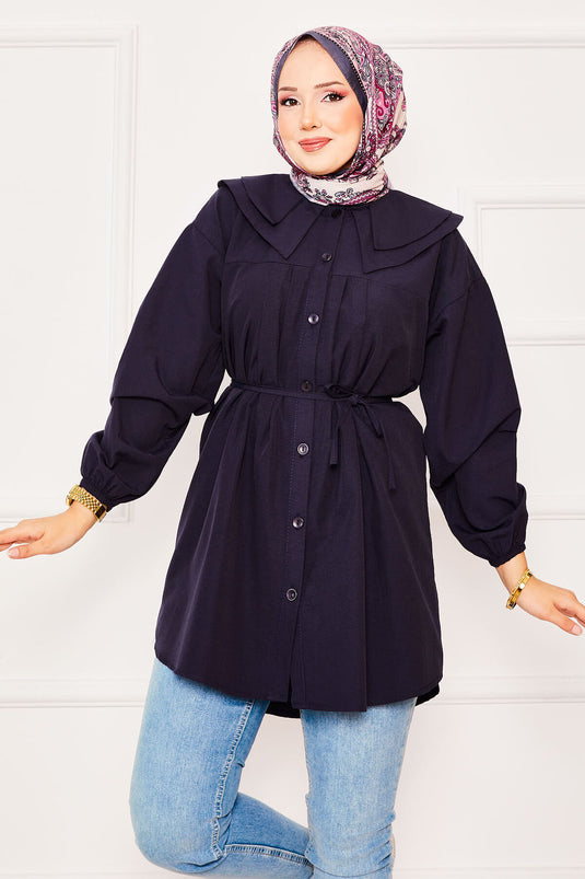 Chemise hijab à double col et taille nouée bleu marine