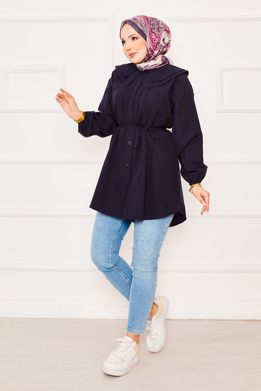 Çift Yakalı Beli Bağcıklı Tesettür Gömlek Lacivert