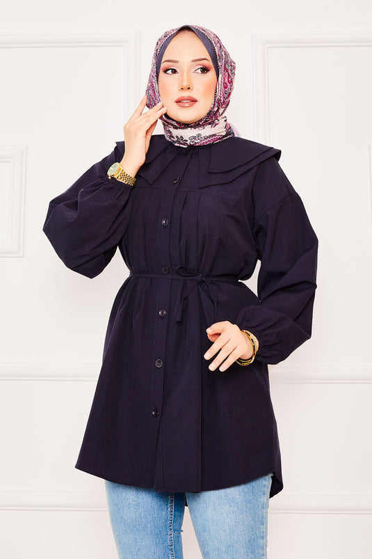 Chemise hijab à double col et taille nouée bleu marine