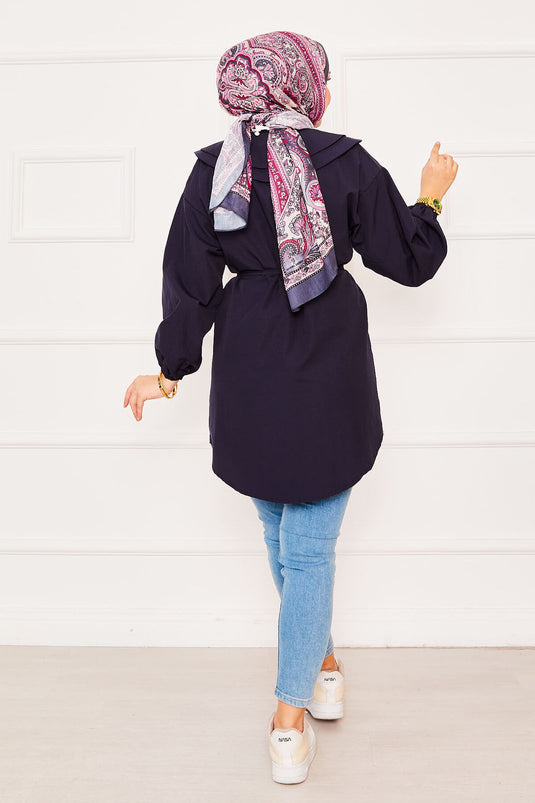 Çift Yakalı Beli Bağcıklı Tesettür Gömlek Lacivert