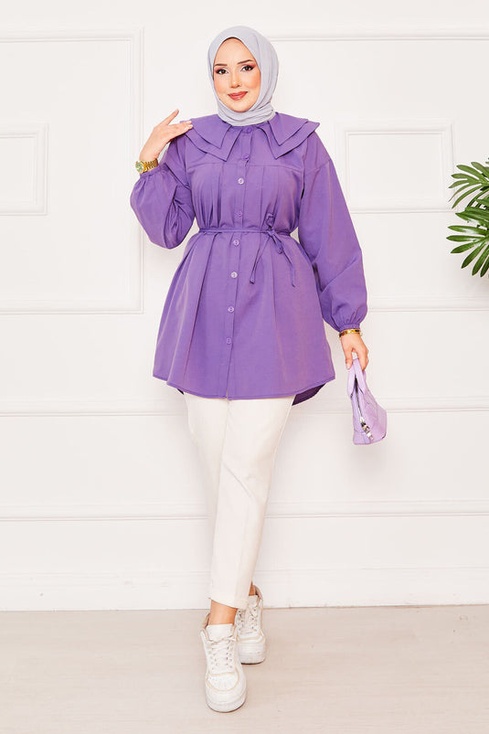 Chemise hijab à double col et taille nouée, violette