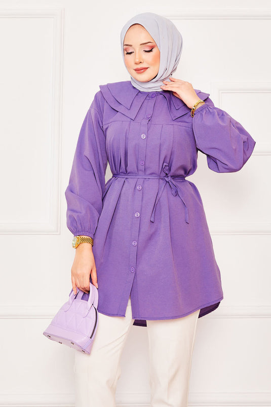 Chemise hijab à double col et taille nouée, violette
