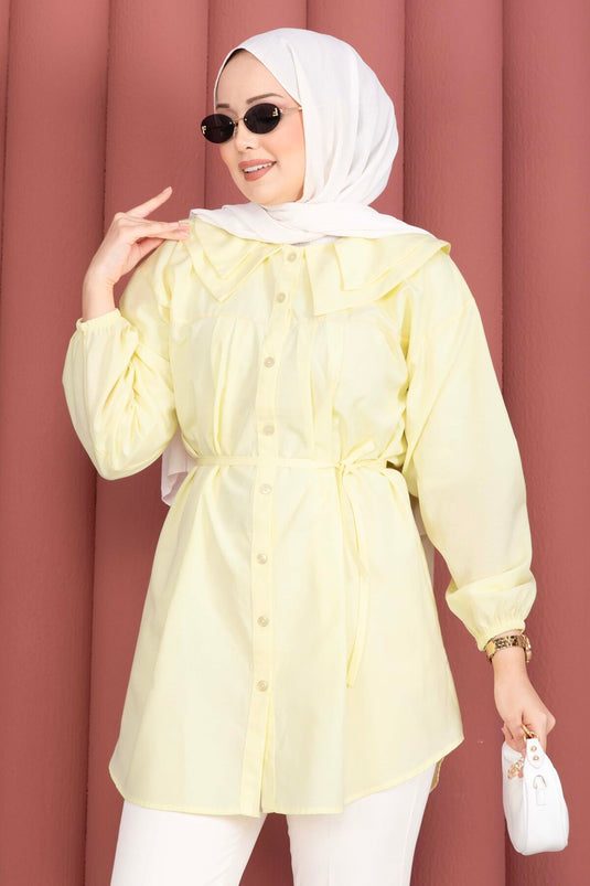 Double Collar Waist Tie Modest Shirt Yellow