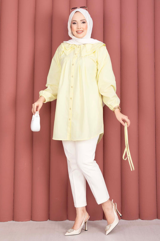 Double Collar Waist Tie Modest Shirt Yellow