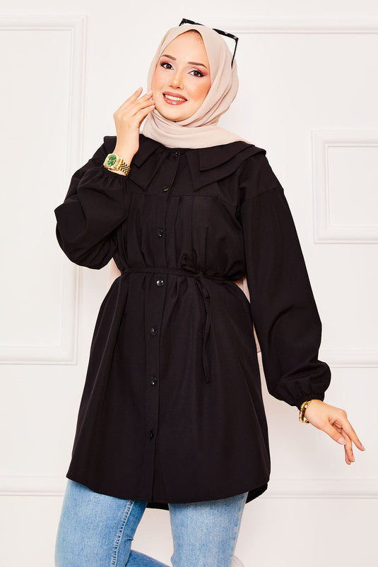 Chemise hijab noire à double col et taille nouée