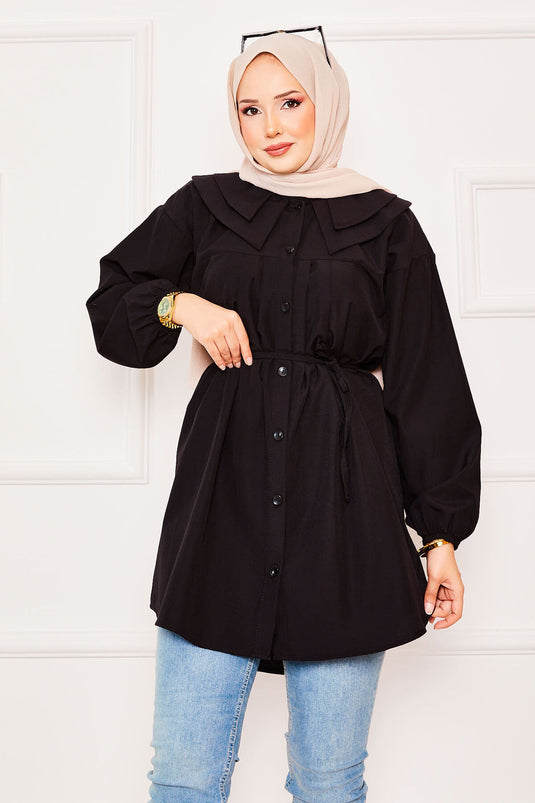Chemise hijab noire à double col et taille nouée