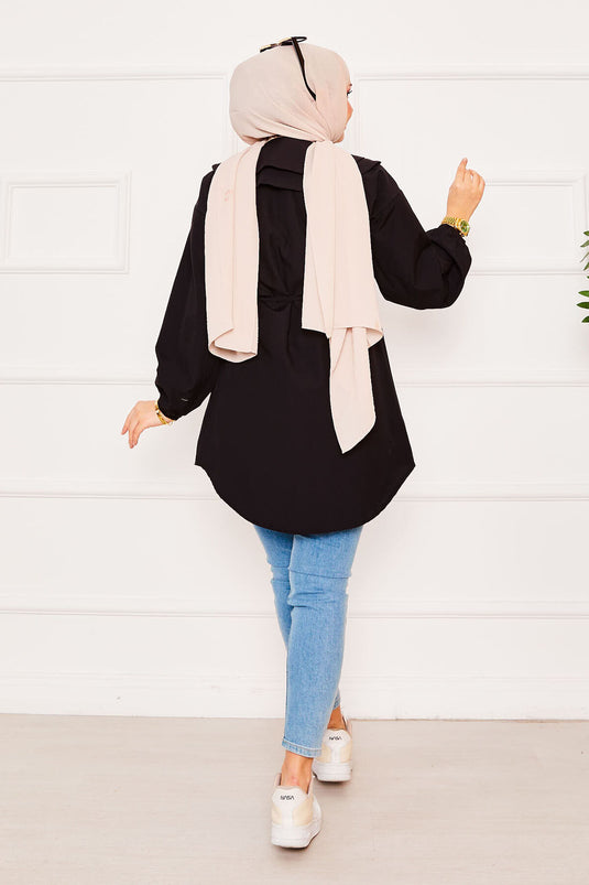 Double Collar Tied Waist Hijab Shirt Black