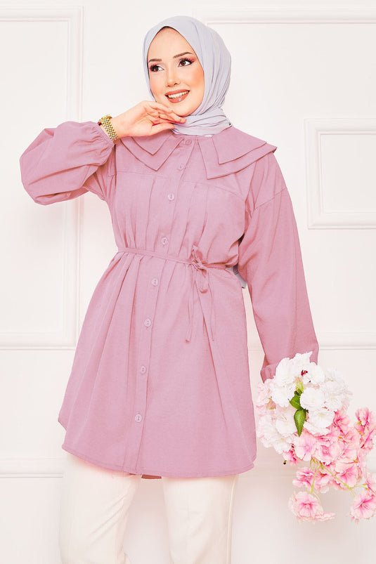 Chemise hijab à double col et taille nouée, rose poudré