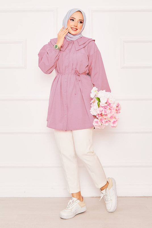 Chemise hijab à double col et taille nouée, rose poudré