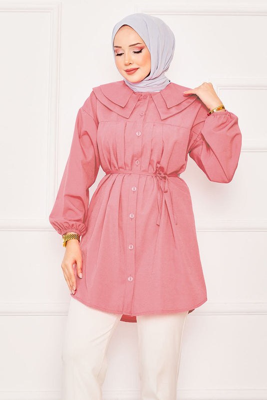 Chemise hijab rose à double col et taille nouée
