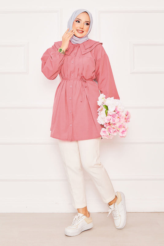 Çift Yakalı Beli Bağcıklı Tesettür Gömlek Yavruağzı