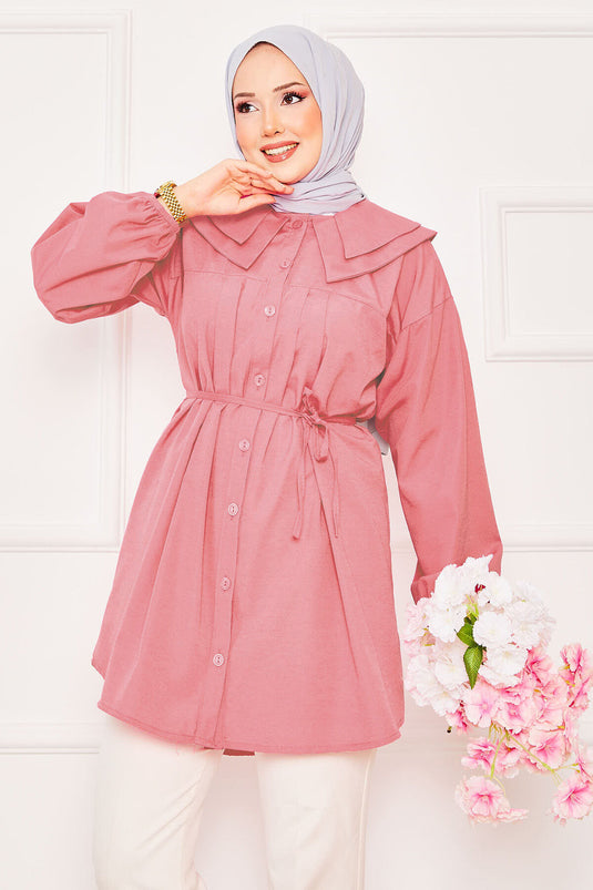 Chemise hijab rose à double col et taille nouée