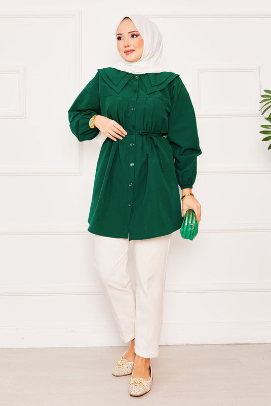 Chemise hijab à double col et taille nouée, couleur émeraude
