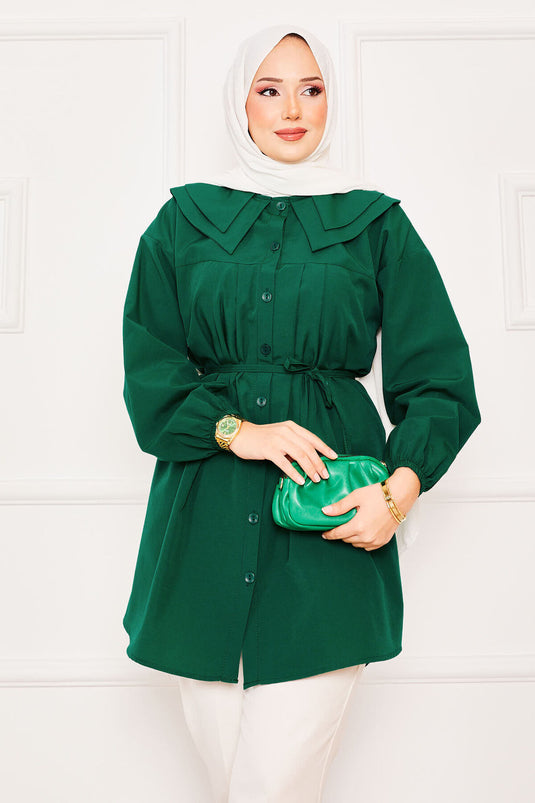 Chemise hijab à double col et taille nouée, couleur émeraude