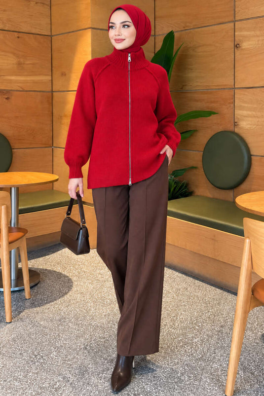 Reversible Zipper Knit Cardigan In Red