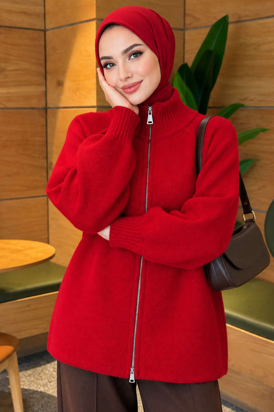 Reversible Zipper Knit Cardigan In Red