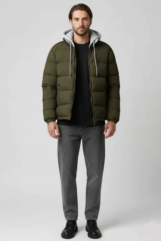 Çıkarılabilir Kapüşonlu Erkek Şişme Mont Haki