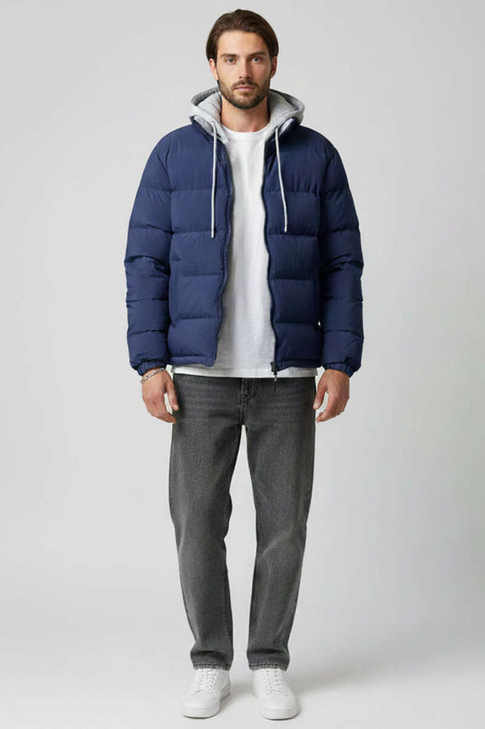 Abnehmbare Kapuze Herren Steppjacke Dunkelblau