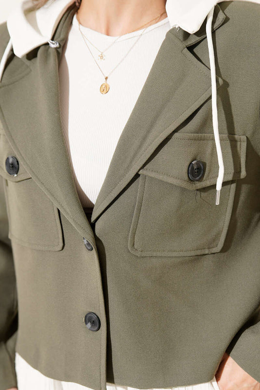 Çıkartılabilir Kapüşonlu Blazer Crop Ceket Haki