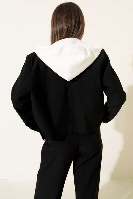 Çıkartılabilir Kapüşonlu Blazer Crop Ceket Siyah