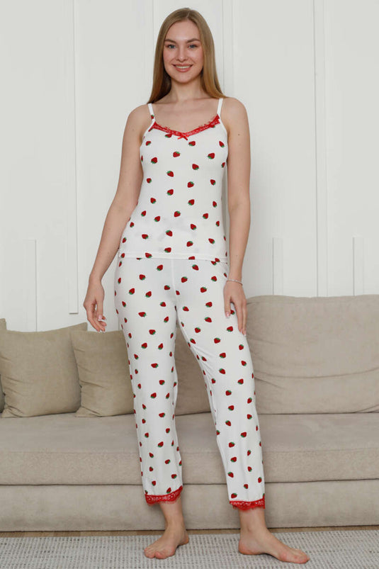 Strawberry Printed Strap Pajama Set White