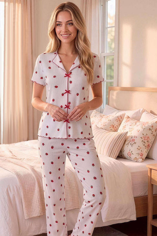 Ensemble pyjama blanc à col croisé motif fraise