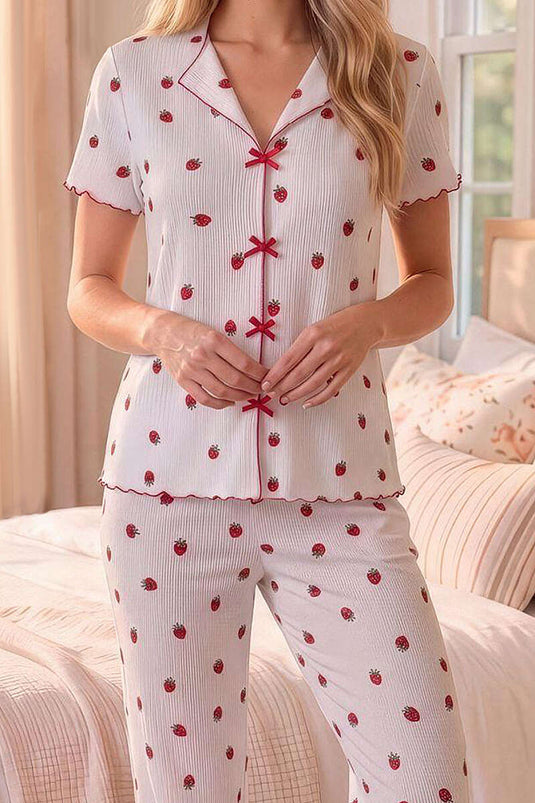 Ensemble pyjama blanc à col croisé motif fraise