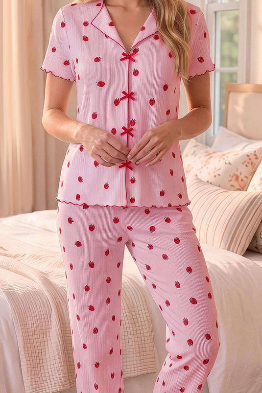 Ensemble pyjama à col croisé motif fraise rose