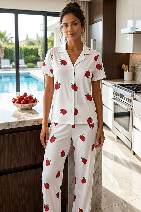 Çilek Desenli Kısa Kol Düğmeli Pijama Takım Kırmızı