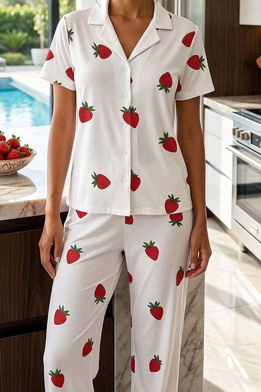 Çilek Desenli Kısa Kol Düğmeli Pijama Takım Kırmızı