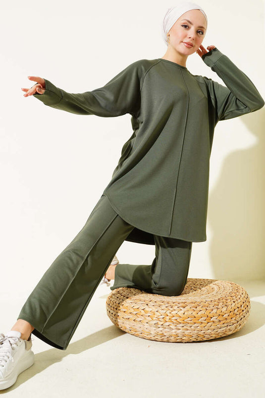 Ensemble double avec détails en dentelle Çıma kaki