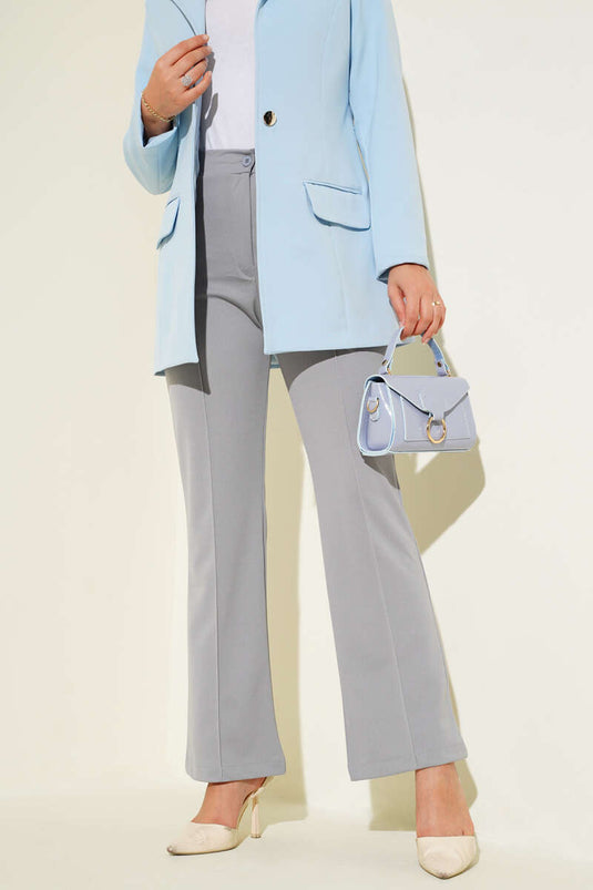 Çımalı Bel Düğmeli Pantolon Gri