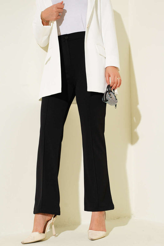 Çımalı Bel Düğmeli Pantolon Siyah