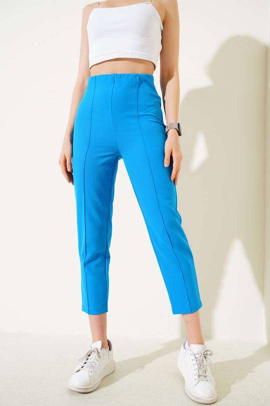 Çımalı Bel Fermuarlı Pantolon Mavi