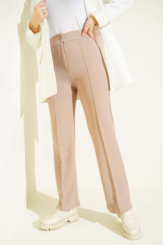 Çımalı Boru Paça Pantolon Bej