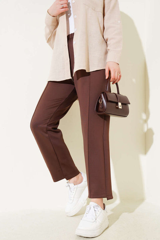 Zippered Slim Fit Scuba Pants Brown