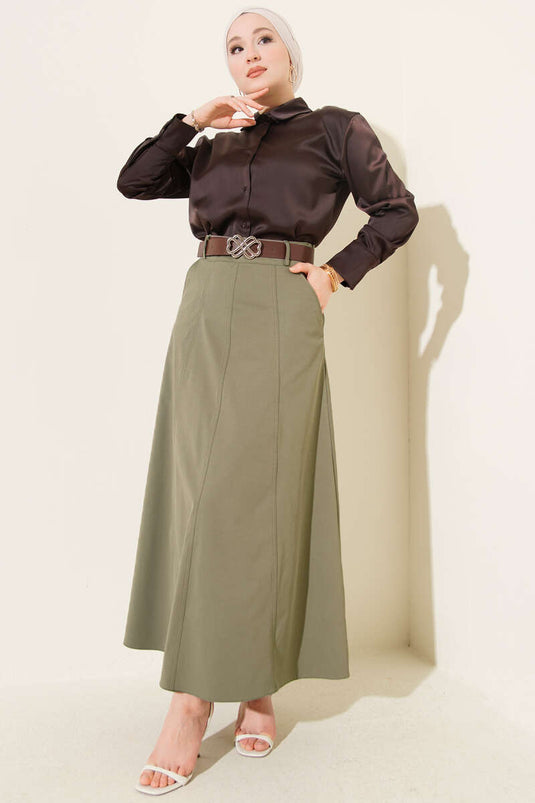 Removable Belt Basic Skirt Khaki