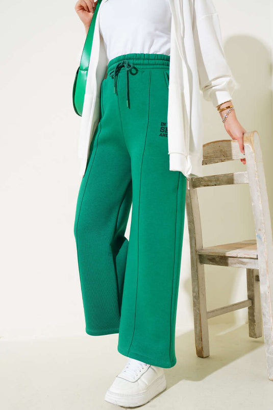 Çımalı Üç İplik Bol Paça Pantolon Yeşil