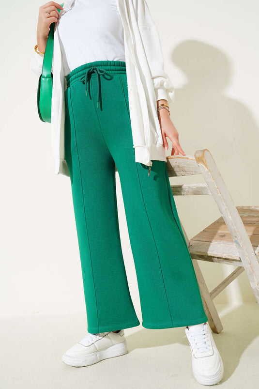 Çımalı Üç İplik Bol Paça Pantolon Yeşil