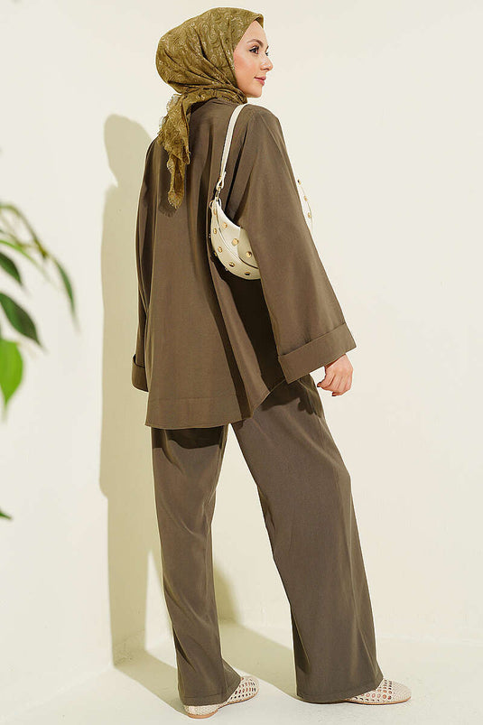 Ensemble double en tensel kaki avec détails boutons chinois