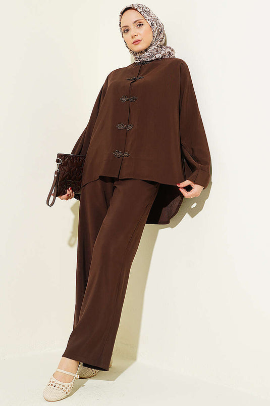 Ensemble double en tensel avec boutons chinois, couleur café
