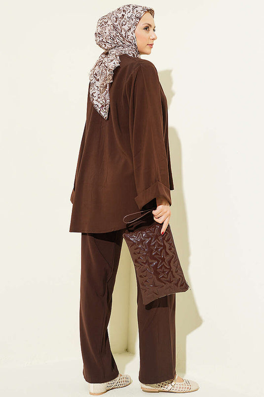 Ensemble double en tensel avec boutons chinois, couleur café