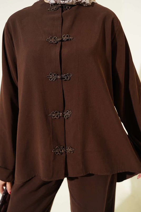 Ensemble double en tensel avec boutons chinois, couleur café