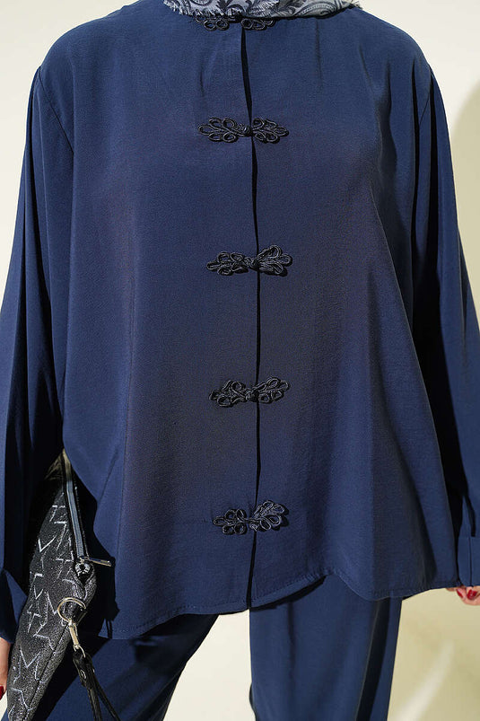Ensemble double en Tencel bleu marine avec détails boutons