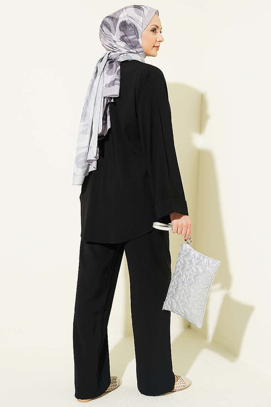 Ensemble double en tensel noir avec détails boutons chinois