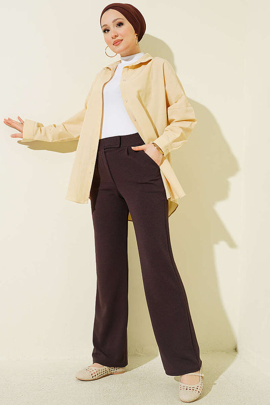 Pantalon Palazzo à Velcro Marron Châtaigne