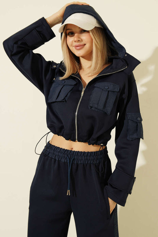 Snap-Pocket Cropped Cardigan Scuba Set Navy Blue