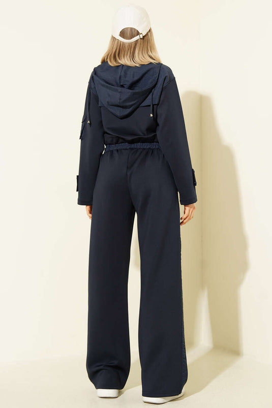 Snap-Pocket Cropped Cardigan Scuba Set Navy Blue