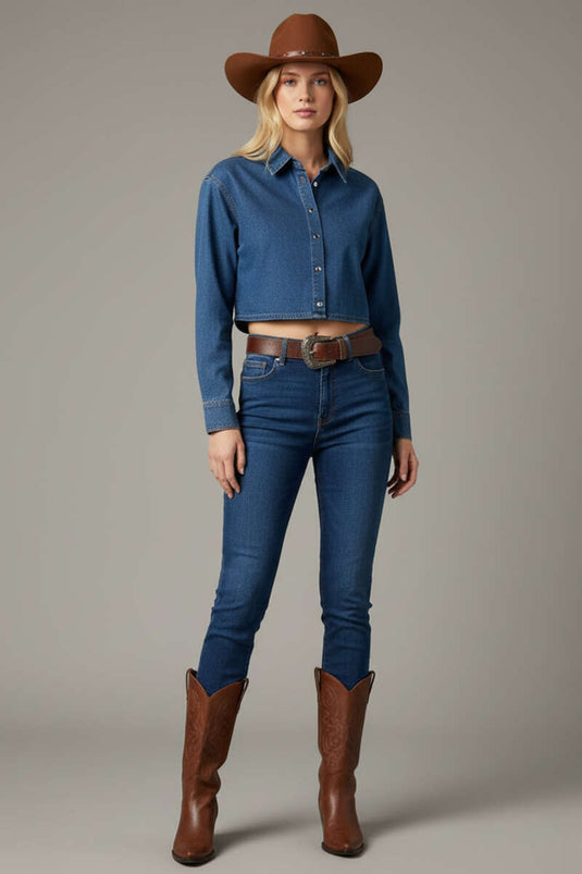 Chemise à boutons-pression, bleu denim