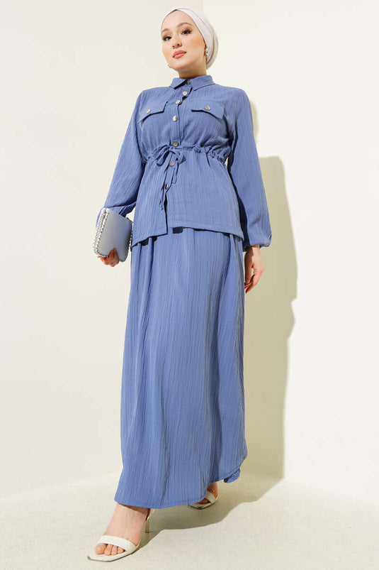 Ensemble deux pièces avec jupe tunnel à boutons-pression, couleur indigo